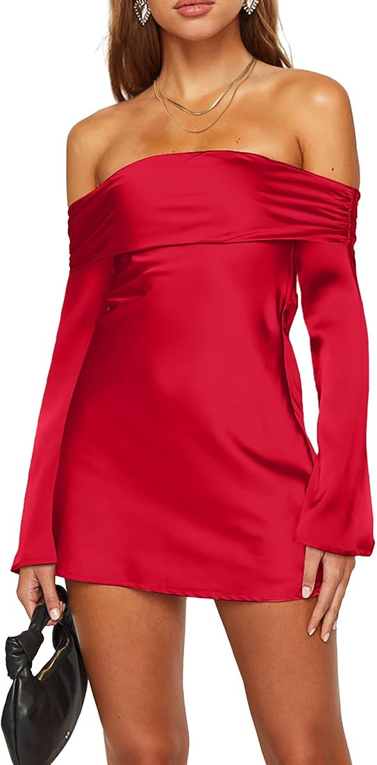 HYPERFIRE Women's Elegant Satin Off The Shoulder Long Sleeve Mini Dress Tie Back Wedding Cocktail... | Amazon (US)