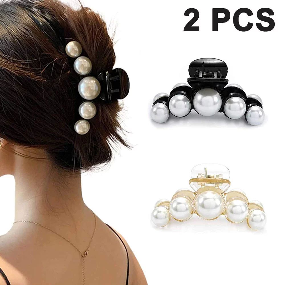 2 Pieces Large Pearl Hair Claw Clips Set Hair Catch Barrette Jaw Clamp Fake Pearl Hair Clip Clamp... | Walmart (US)