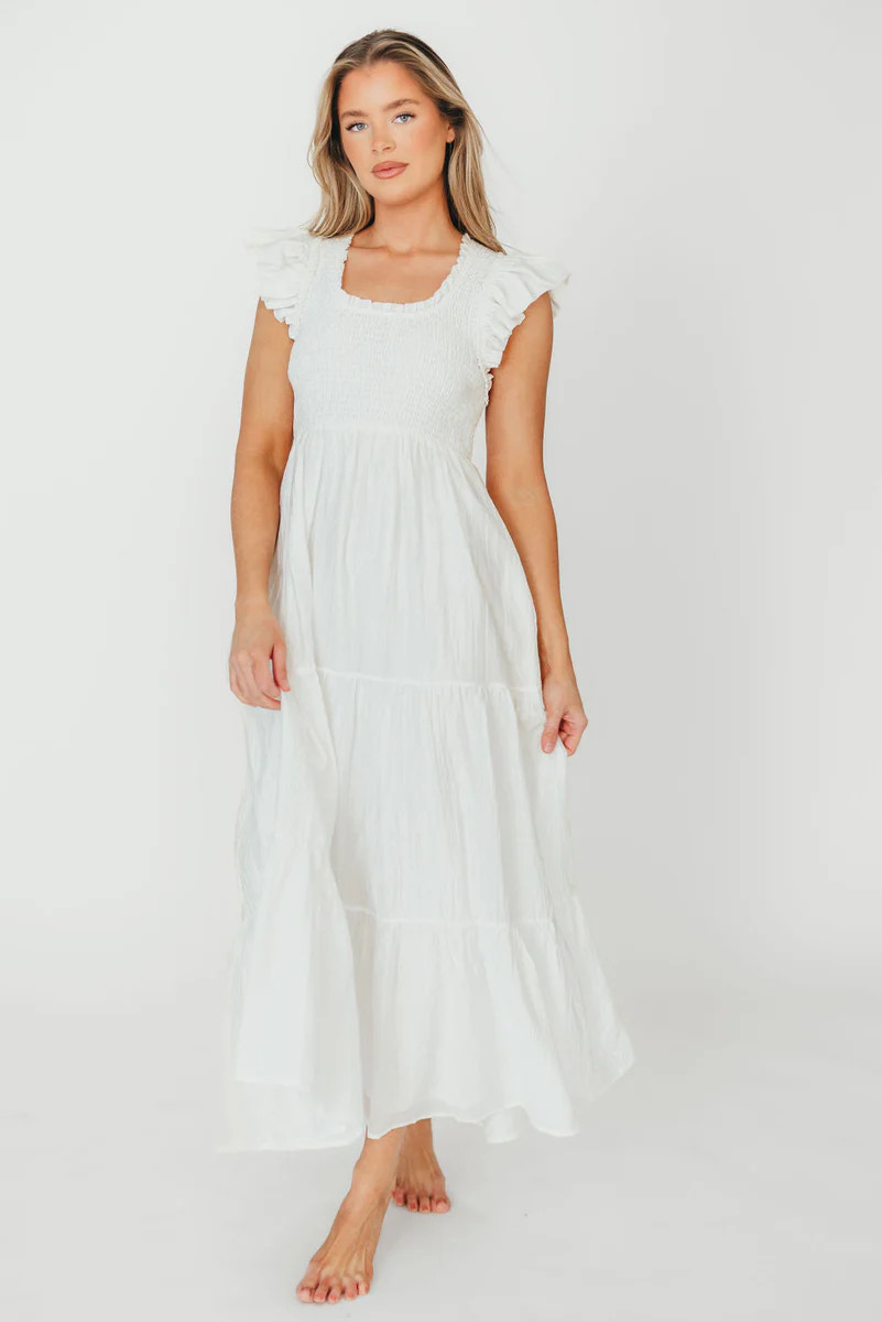 Lennon Smocked Flutter Sleeve Tiered Maxi Dress in Off White | Worth Collective