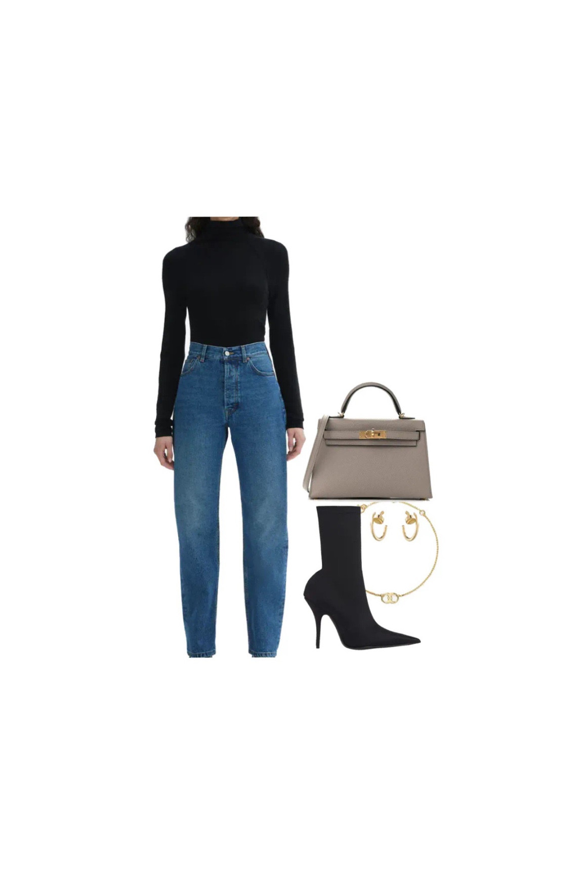 Black turtleneck 
Straight leg denim jeans 
Black sock boots 
Lily and bean dupe 
Hermes bag 
Cartier earrings 
Gold bracelet 

#LTKshoecrush #LTKSeasonal #LTKBacktoSchool