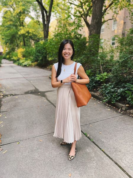 Casual work outfit, smart casual outfit, Amazon fashion, Nordstrom finds, neutral outfit, feminine outfit: white bodysuit (S), similar beige pleated midi skirt, brown tote bag with zipper, similar leopard flats

#LTKstyletip #LTKunder50 #LTKworkwear