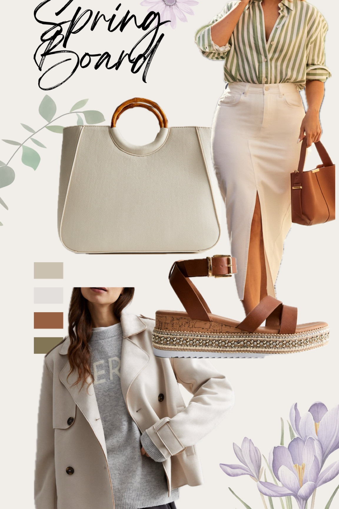Spring fashion, stylish bag, brown sandals, white denim skirt, trench coat.