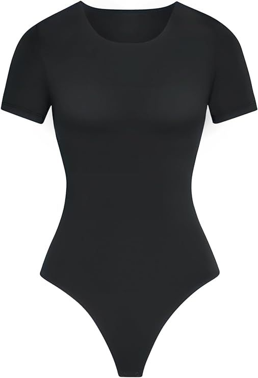 SHAPERX T-shirt Body Suits for Womens Soft Short Sleeve Bodysuit Sexy V Neck Tops Thong Jumpsuit | Amazon (US)