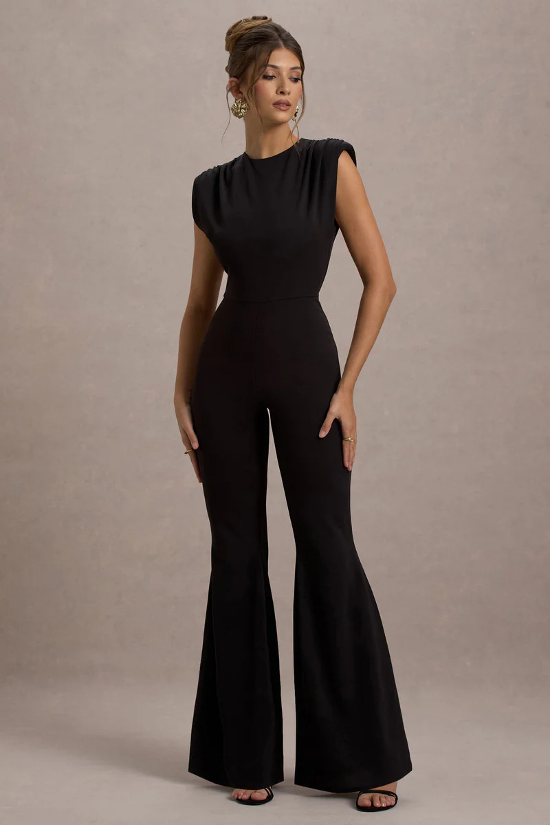 Elyna  Black High-Neck Draped Flared-Leg Jumpsuit | Club L London
