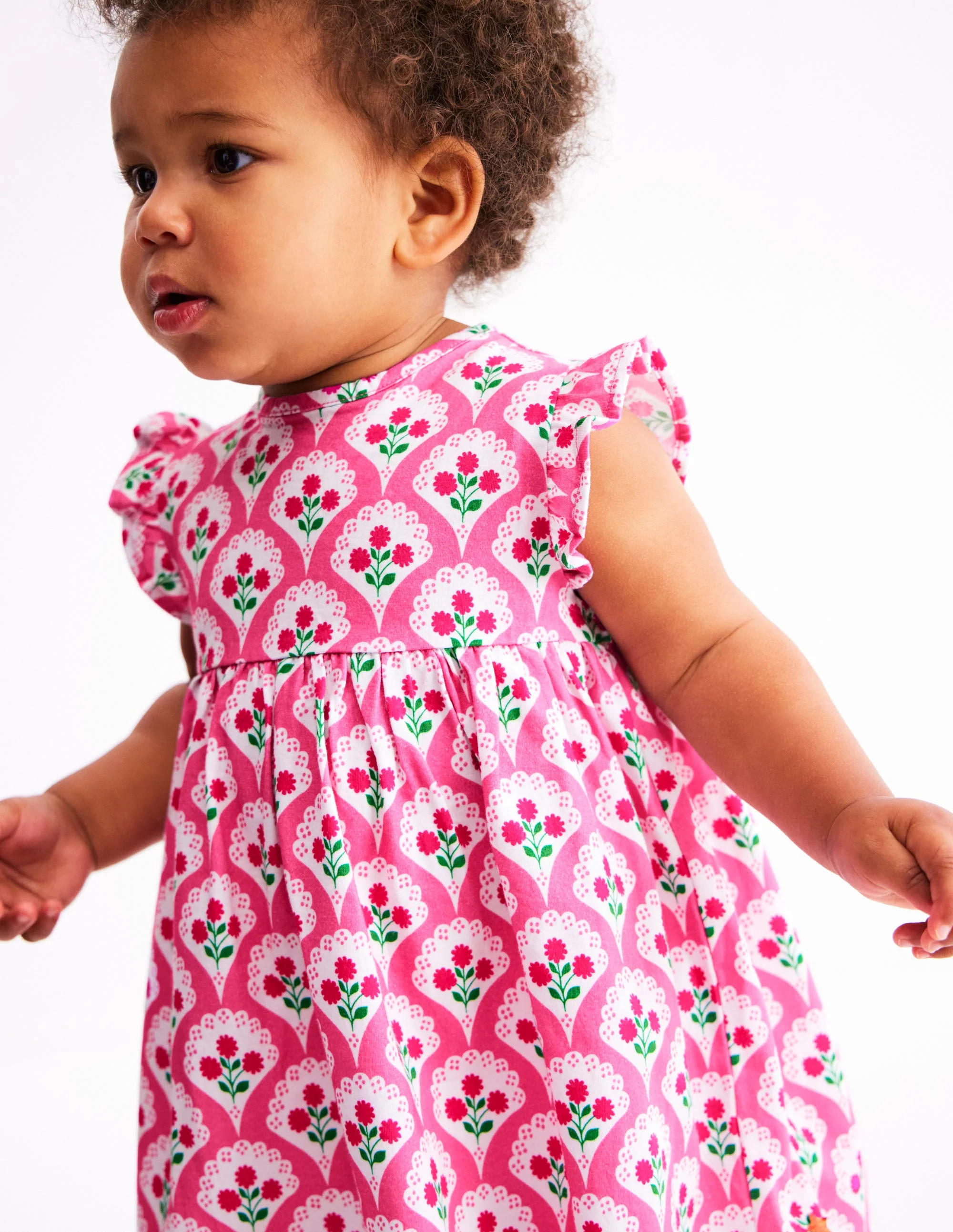 Jersey Frill Sleeve Dress-Pink Rose Woodblock Floral | Boden (US)