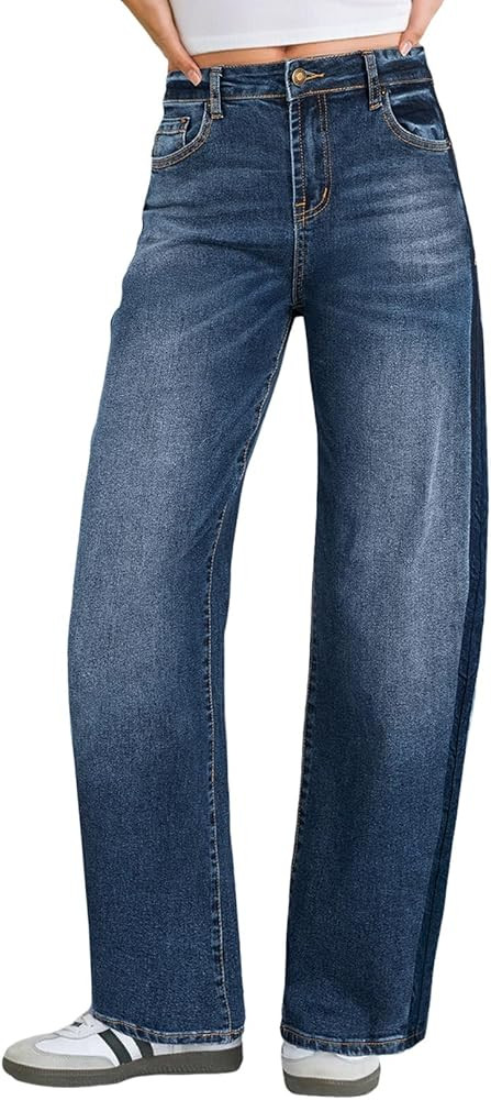Sidefeel Women's Baggy Jeans High Waisted Stretchy Wide Leg Jeans Color Block Patchwork Barrel Lo... | Amazon (US)
