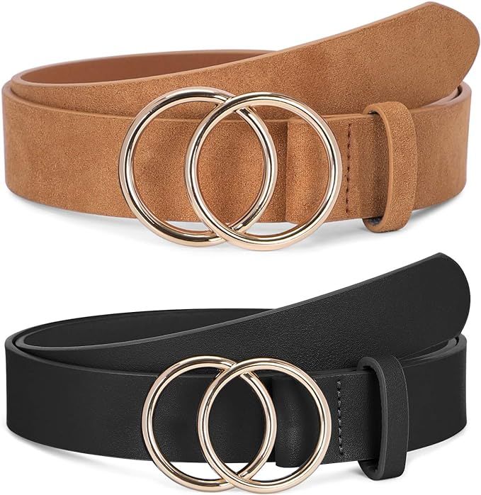 2 Pack Women Leather Belts Faux Leather Jeans Belt with Double O-Ring Buckle Size up to 53 inch | Amazon (US)