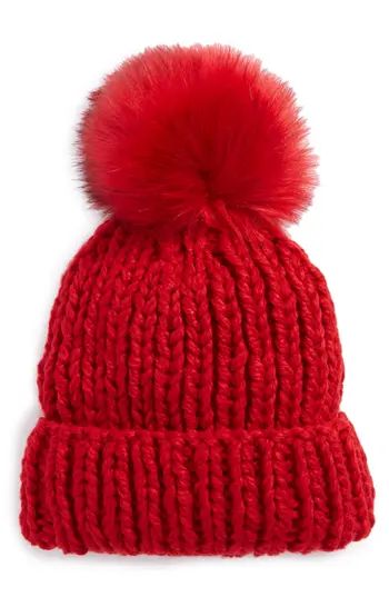 Women's Free People Happy Trails Faux Fur Pom Beanie - Red | Nordstrom