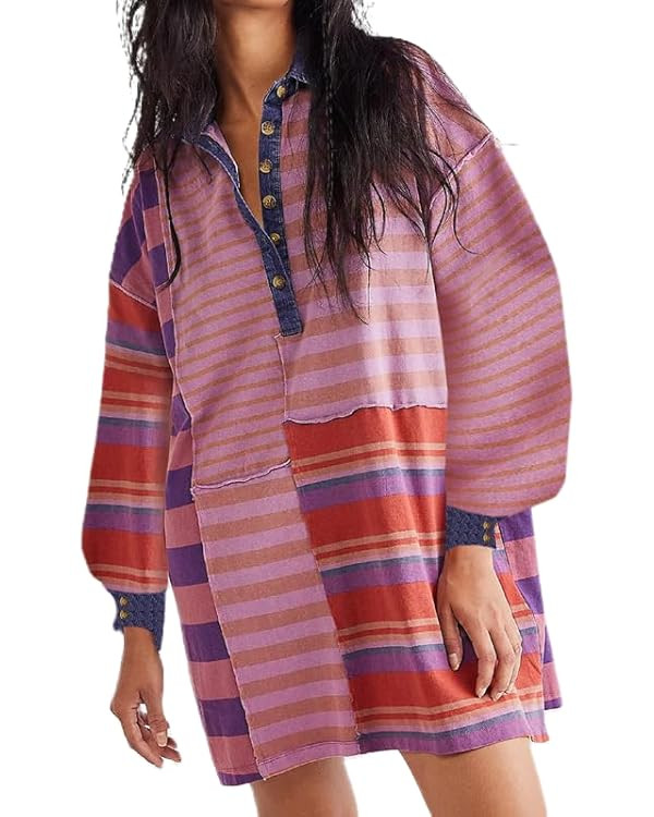 NUFIWI Women Color Block Striped Shirt Dress Oversized Long Sleeve Stripe Tunic Tshirt Dress Butt... | Amazon (US)