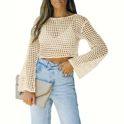 Womens Crochet Crop Tops Summer Long Sleeve Mesh Knit Beach Cover Up Hollow Out Crewneck Pullover Sweaters,Apricot,S | Target