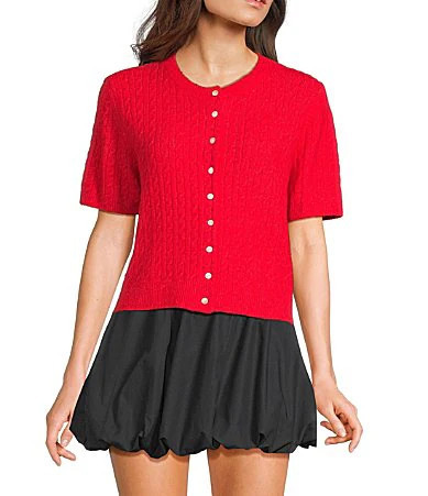 Things Between Cable Knit Button Front Short Sleeve Cardigan - M | Dillard's