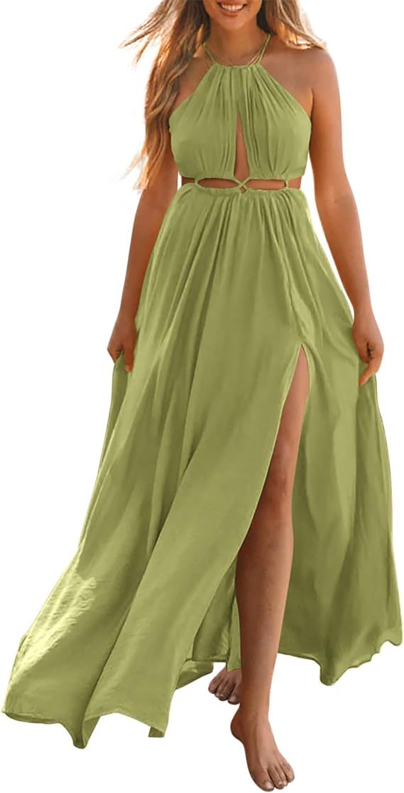 BTFBM Women 2024 Summer Sleeveless Halter Maxi Dress Cutout Backless Slit Boho Party Cocktail Cas... | Amazon (US)