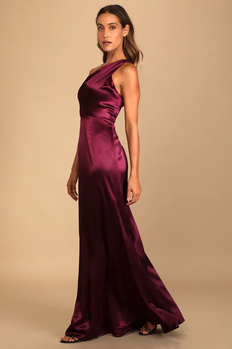 On the Guest List Burgundy Satin One-Shoulder Maxi Dress | Lulus