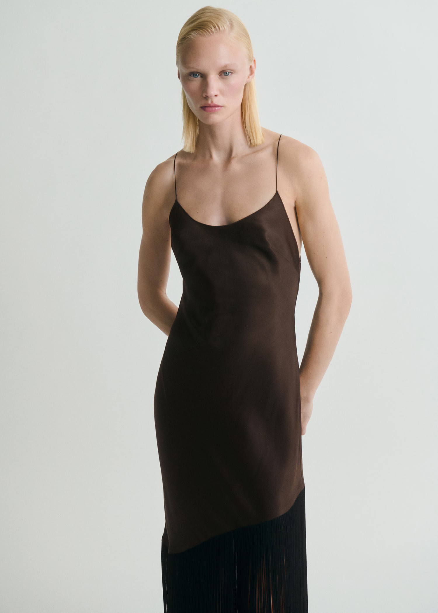 Asymmetrical satin dress with fringes | Mango (US/MX/AU)