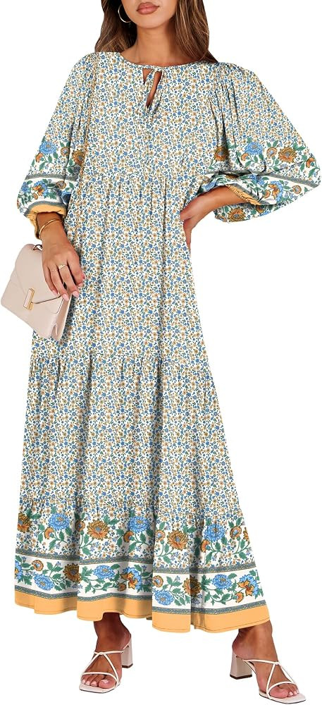 ANRABESS Womens Boho Floral 3/4 Puff Sleeve Maxi Dress | Amazon (US)