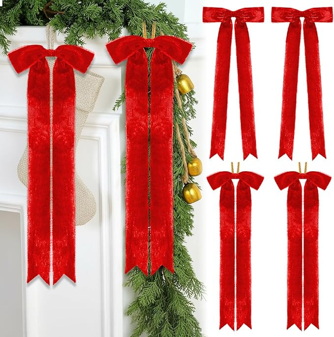 Riceshoot 4 Pcs Velvet Christmas Bows 23.5'' x 8.7'' Large Handmade Fringe Staircase Wreath Bows ... | Amazon (US)