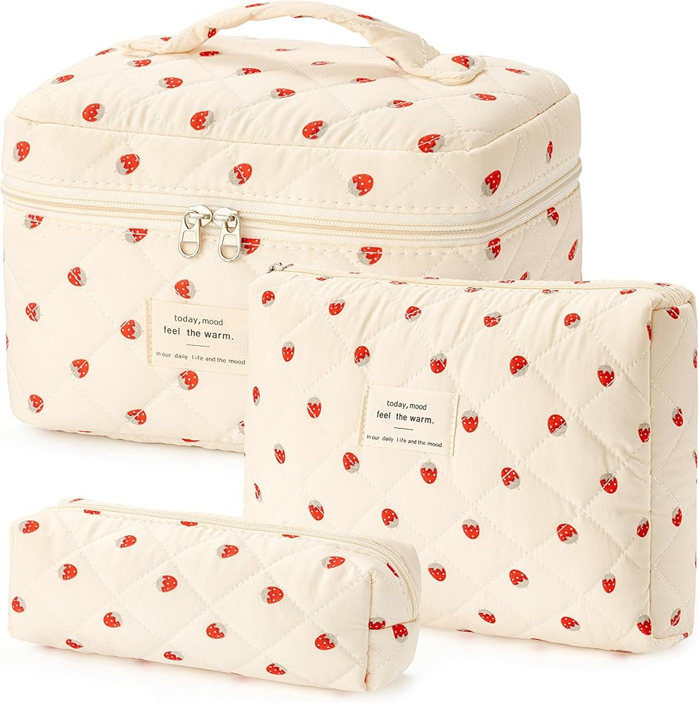 HBselect Quilted Makeup Bag, 3PCS Cotton Large Travel Makeup Bag, Cute Floral Coquette Make up Ba... | Amazon (US)