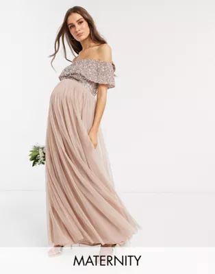 Maya Maternity Bridesmaid bardot maxi tulle dress with tonal delicate sequins in taupe blush | AS... | ASOS US