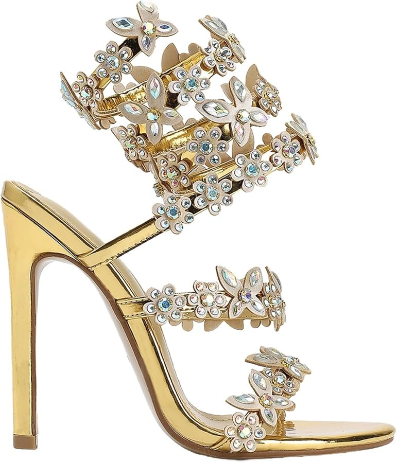 Women's Diamante High Heels Sparkly Spiral Strap Heeled Sandals | Amazon (US)