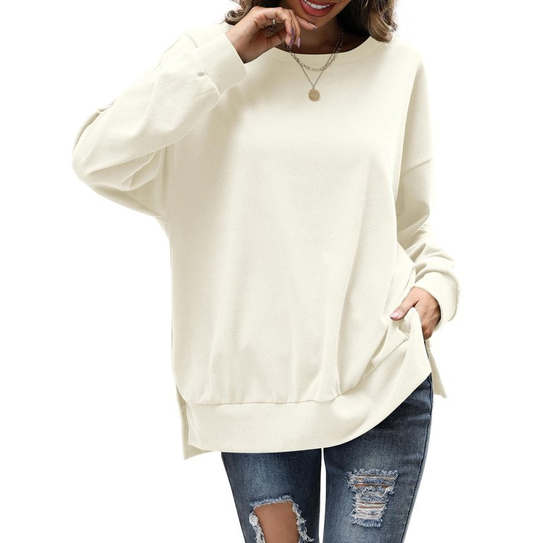 Amoretu Sweatshirts for Women Crew Neck Long Sleeve Pullover Tops Off White 2XL - Walmart.com | Walmart (US)