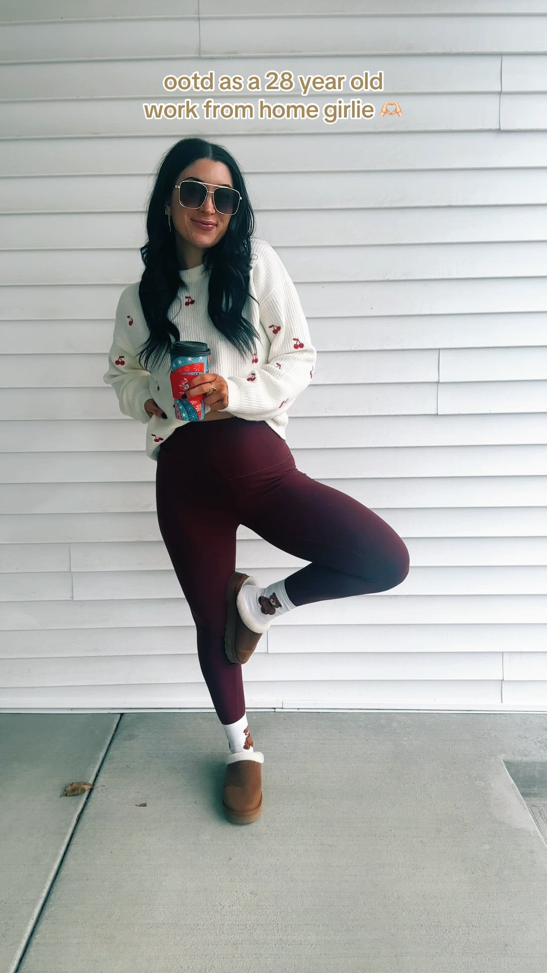 Realistic work from home outfit! Love this cozy cherry sweater! Wearing a small in the sweater and leggings! 

#LTKWatchNow #LTKFindsUnder50 #LTKSeasonal