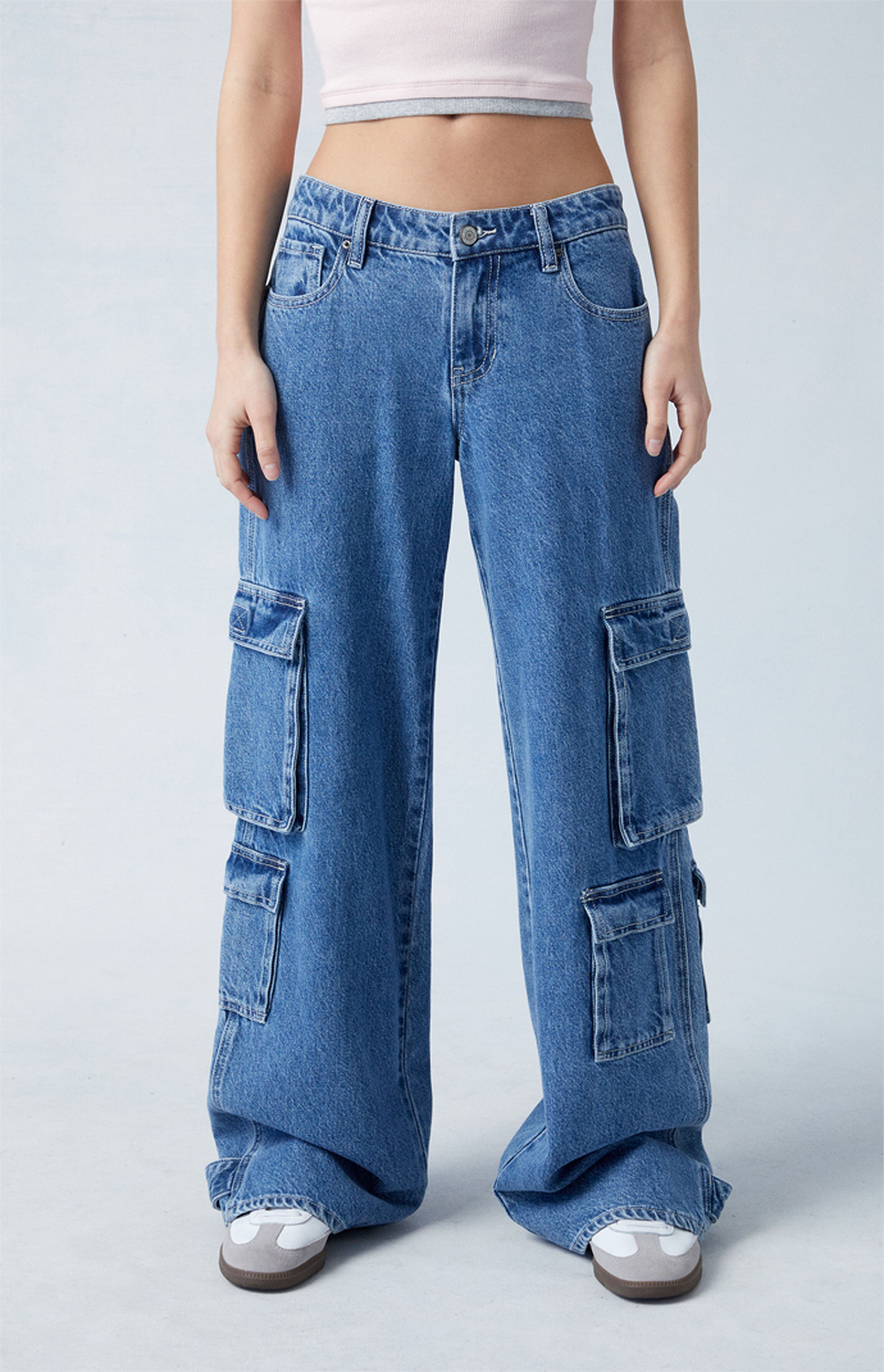 PacSun Medium Indigo Low Rise Baggy Cargo Jeans | PacSun