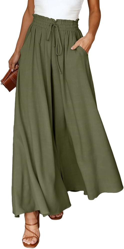 EVALESS Womens Casual Wide Leg Pants Flowy Elastic Drawstring Waist Palazzo Pants with Pockets | Amazon (US)
