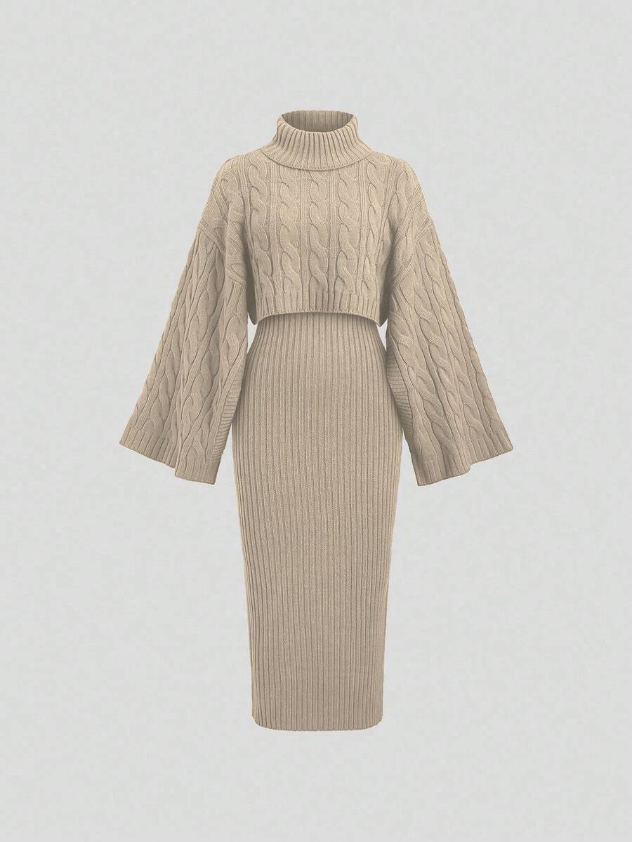 Sweetra 2pcs Women's Casual Knit Sweater Top And Long Skirt Set, Loose Fit Turtleneck Long Sleeve... | SHEIN