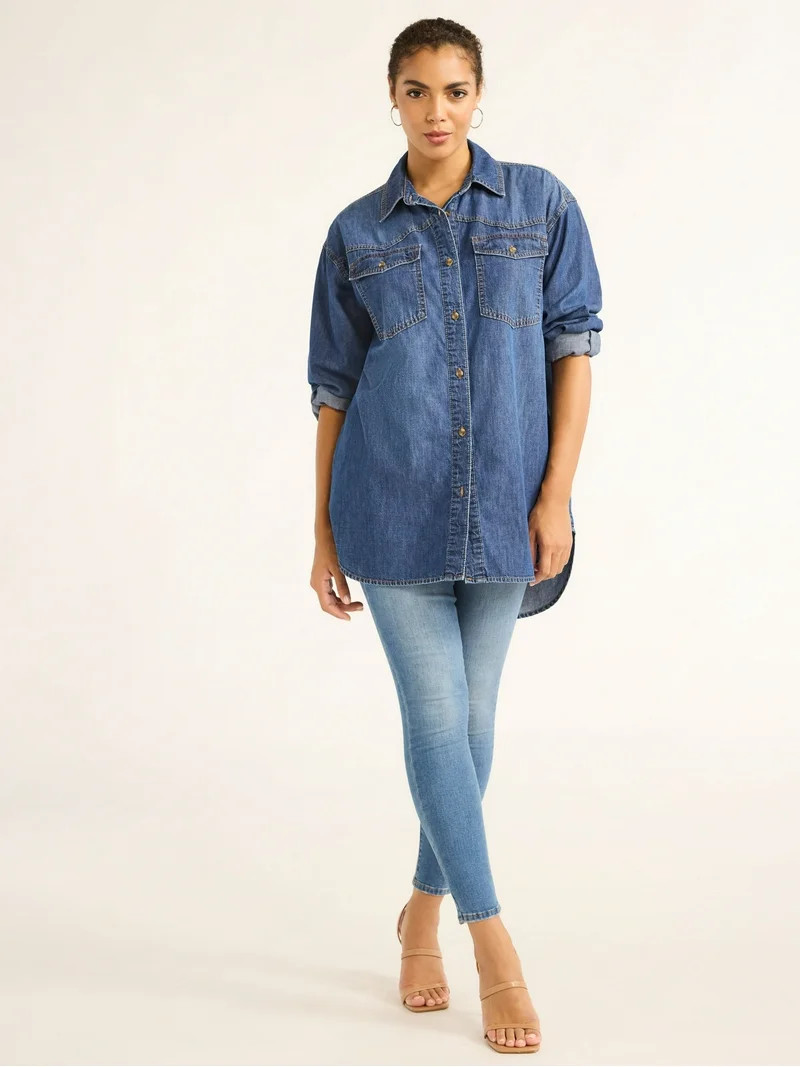 Sofia by Sofia Vergara Women's and Women's Plus Sofia Oversized Boyfriend Shirt with Long Sleeves... | Walmart (US)