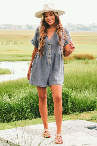 Charming Look Romper: Dusty Navy | Shophopes