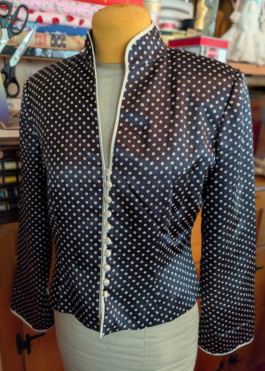 JS COLLECTIONS  Silk Mandarin Collar Jacket Blazer Black Polkadot Sz 12 Vintage | eBay US