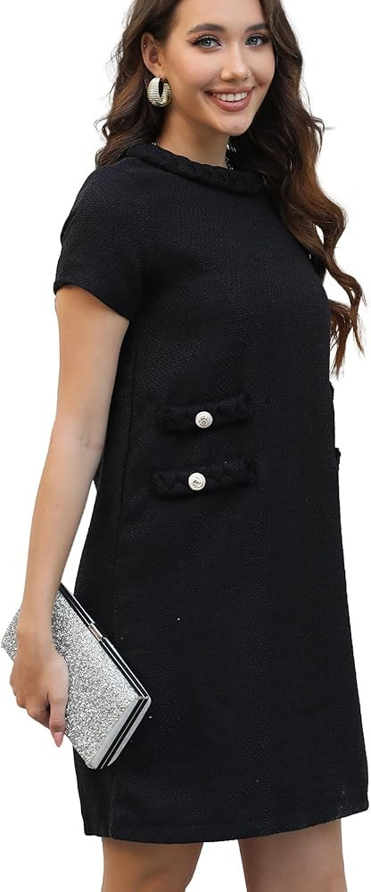 Womens Tweed Jackie Dress Elegant Crew Neck Short Sleeve Button Bodycon Mini Dress | Amazon (US)