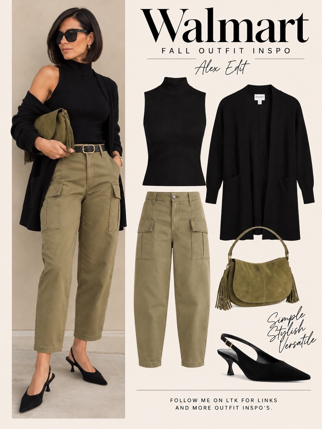 Who says cargo pants have to be casual? I love taking a piece with a slightly utilitarian feel and styling it in a way that feels feminine and refined.

These olive cargo pants have such a beautiful shape—relaxed through the leg with a subtle taper at the ankle. I paired them with a fitted black sleeveless turtleneck for contrast, then added a long black cardigan worn slightly off the shoulder for that effortless, undone feel.

The black belt with its gold buckle defines the waist, while pointed-toe kitten heels bring a little elegance to the relaxed silhouette. And that olive suede-look saddle bag with tassel details? Just the right amount of texture and personality to finish the outfit.

A little masculine influence, a few feminine details, and an unexpected mix that makes the whole look interesting.

All from Walmart.