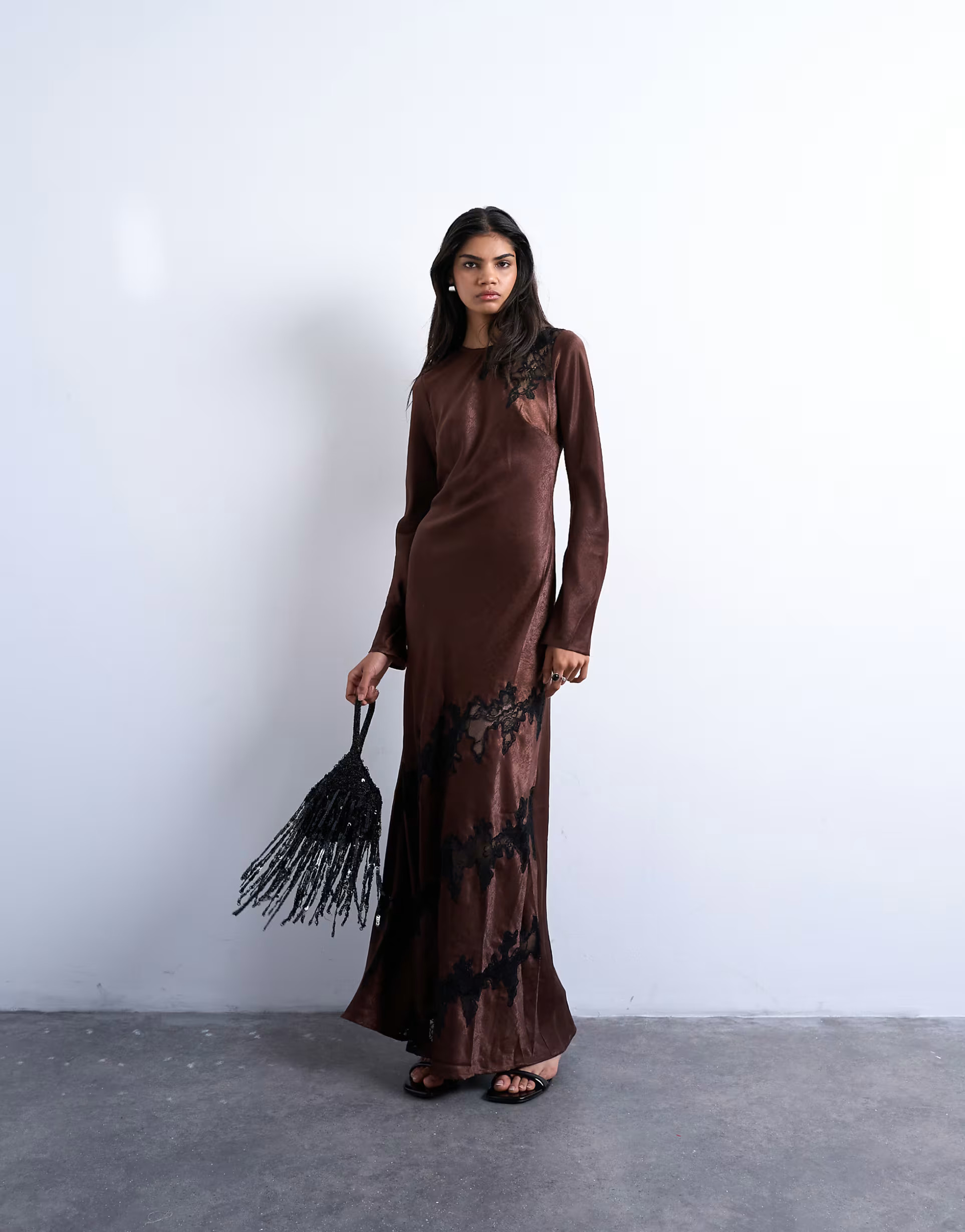 Topshop cutwork lace insert long sleeve maxi dress in chocolate | ASOS | ASOS (Global)