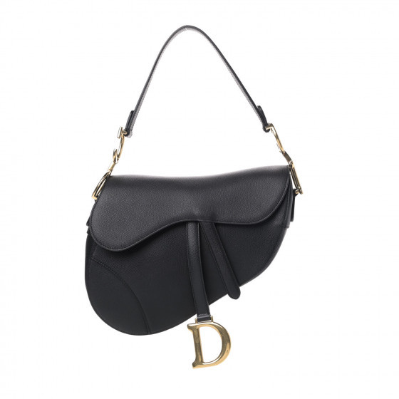 CHRISTIAN DIOR Grained Calfskin Saddle Bag Black | Fashionphile