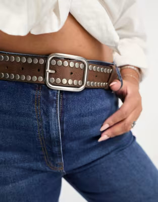 My Accessories London Curve belt in brown with square silver buckle and studding | ASOS (Global)