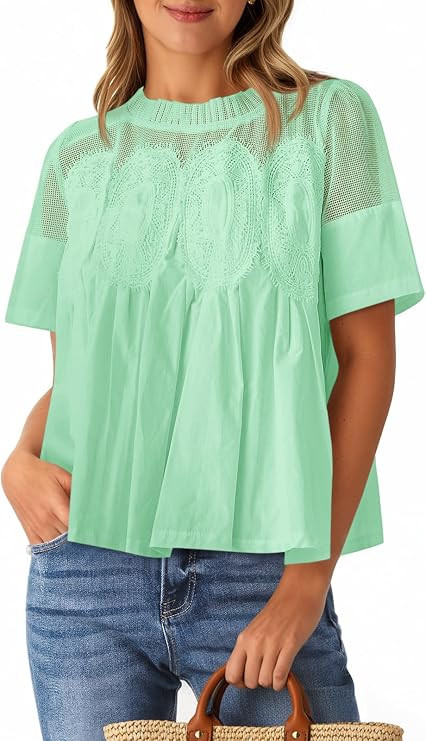 Cicy Bell Womens Babydoll Lace Blouses Short Sleeve Ruffle Crew Neck Peplum Tops Dressy Casual Lo... | Amazon (US)