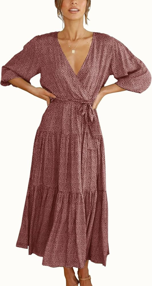 KIRUNDO Women's Summer Bohemian Floral Dress Wrap V Neck Half Sleeves Casual High Waist Pleated Flow | Amazon (US)