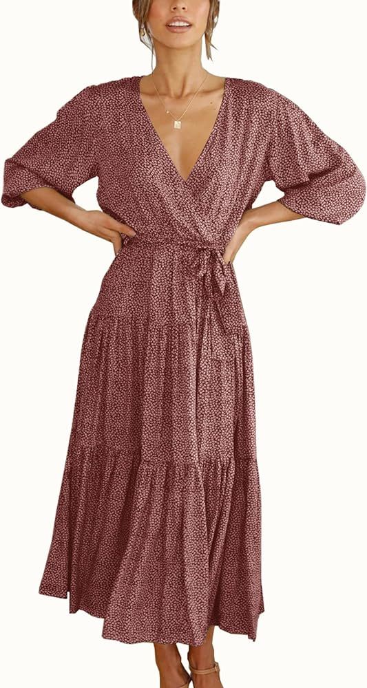 KIRUNDO Women's Summer Bohemian Floral Dress Wrap V Neck Half Sleeves Casual High Waist Pleated Flow | Amazon (US)