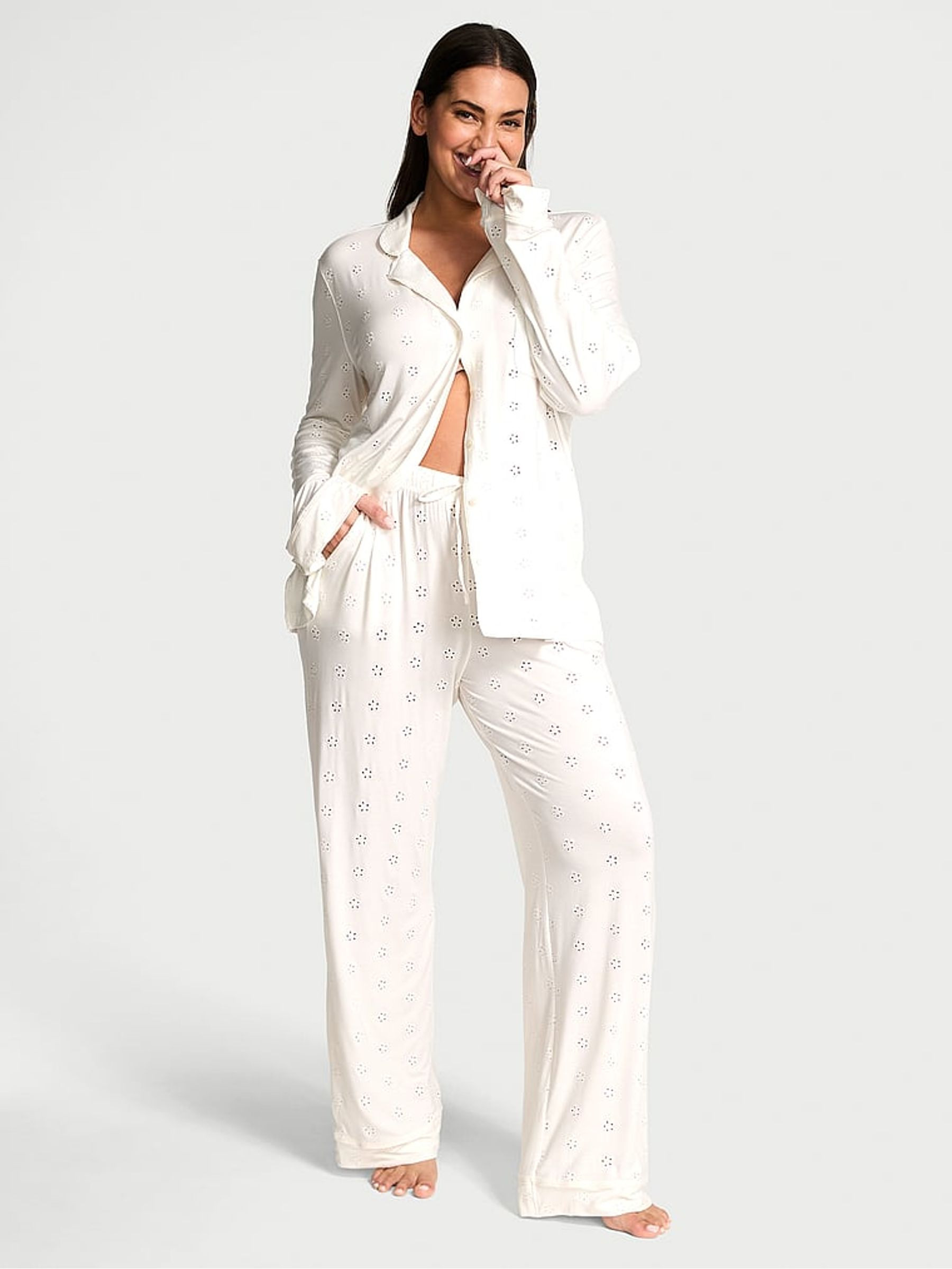 Coconut White Eyelet Modal Long Pyjama Set | Victoria's Secret UK | Victoria's Secret UK