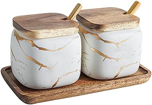 2 Sets of Marble Ceramic Sugar Bowl Ceramic Seasoning Jars with Wooden Lid and Wooden Spoon(White) | Amazon (US)