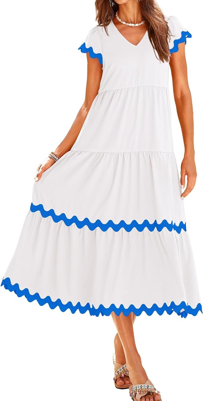 BTFBM Womens Summer Dresses 2024 V Neck Cap Sleeve RIC Rac Loose Tiered A-Line Beach Vacation Mid... | Amazon (US)
