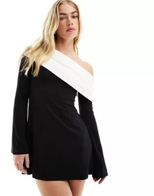 ASOS DESIGN one shoulder contrast fold over mini dress in black | ASOS (Global)
