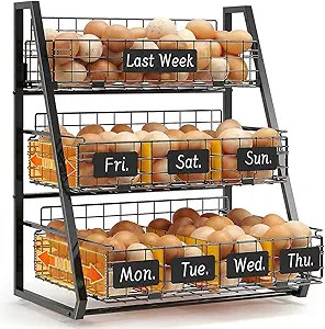 Egg Holder Countertop with 3 Pull-Out Tier Baskets, Black | Amazon (US)
