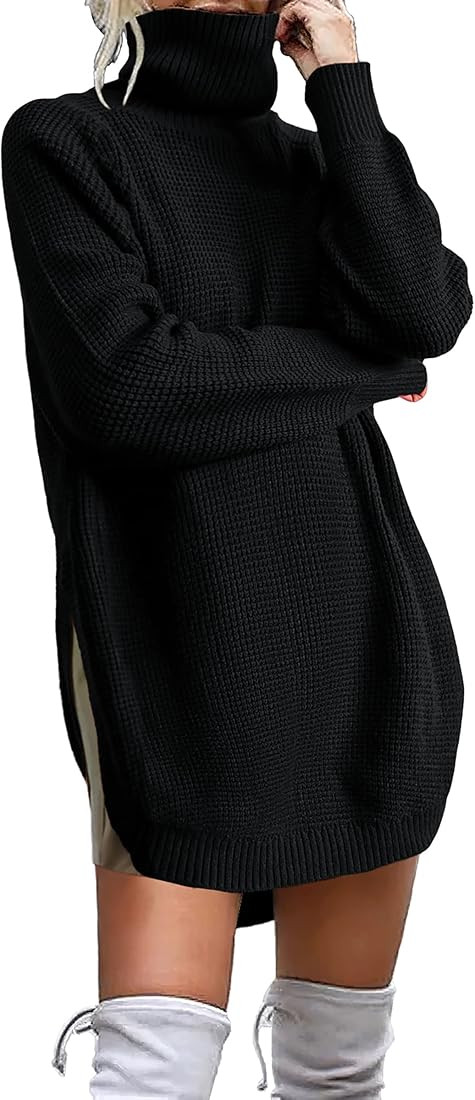 Women's 2023 Fall Winter Casual Waffle Knit Turtleneck Sweater Long Sleeve Solid Side Split Loose... | Amazon (US)