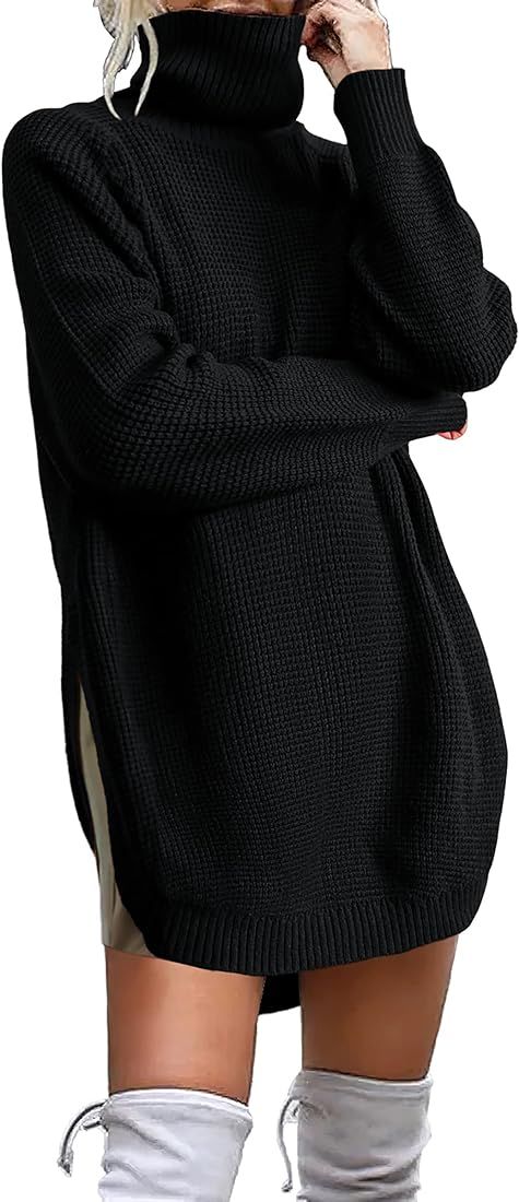 Women's 2023 Fall Winter Casual Waffle Knit Turtleneck Sweater Long Sleeve Solid Side Split Loose... | Amazon (US)