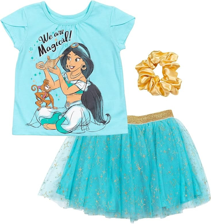 Disney Princess Moana Frozen Girls T-Shirt Tulle Mesh Skirt and Scrunchie 3 Piece Outfit Set Todd... | Amazon (US)