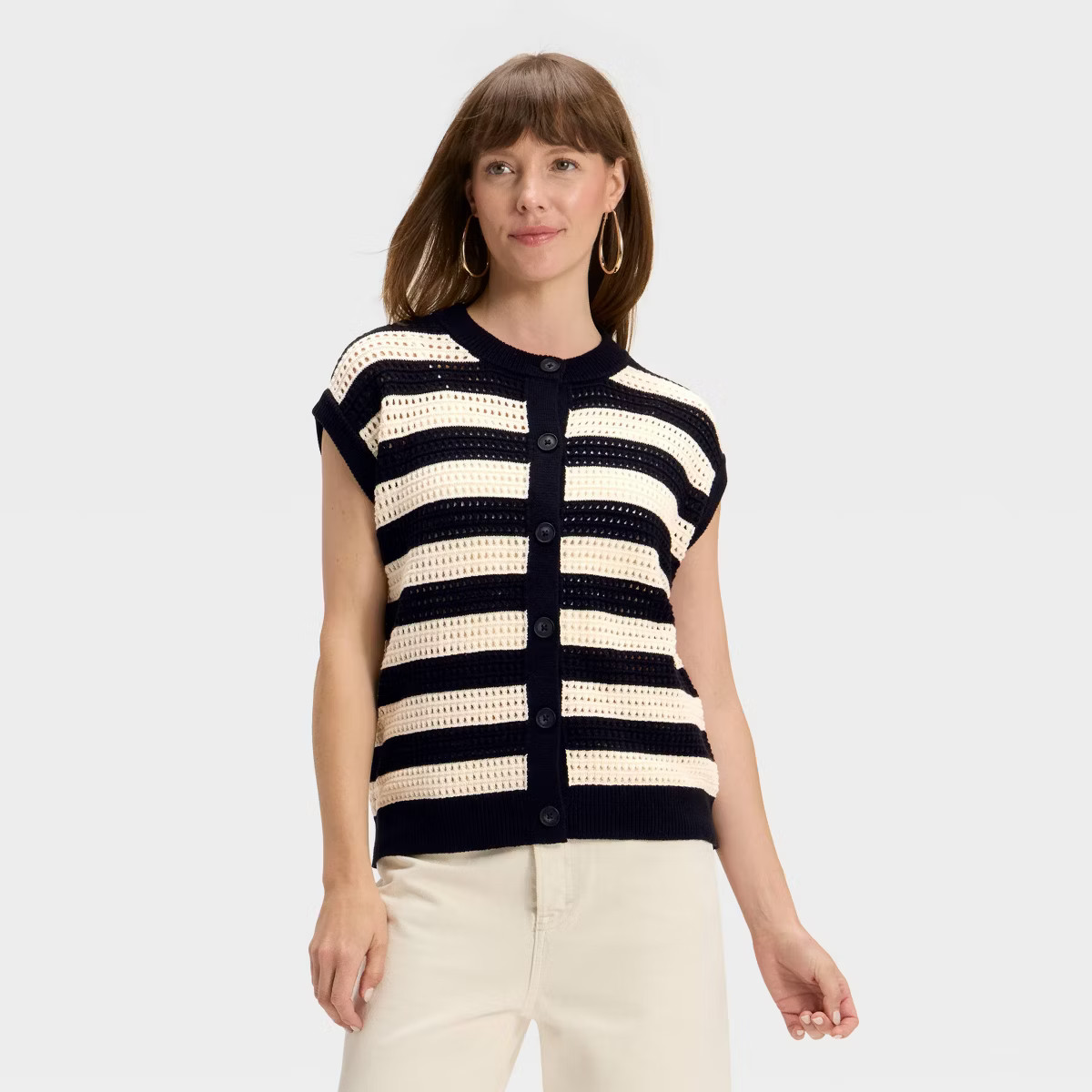 Women's Pointelle Sweater Vest - Universal Thread™ Black Striped L | Target