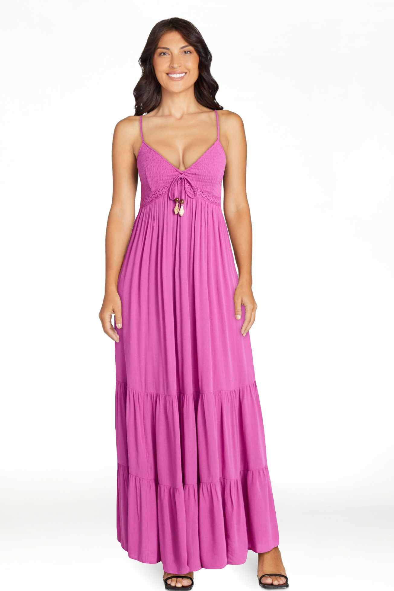 No Boundaries Crochet Lace Trim Tiered Maxi Dress, Women's XXS-XXL | Walmart (US)