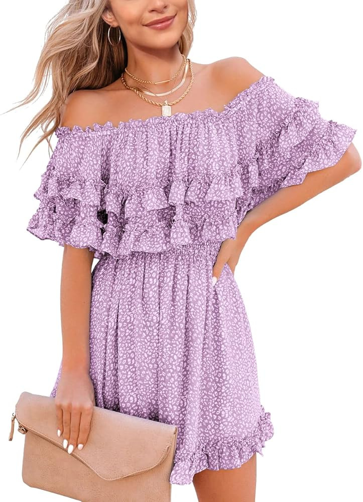 Fazortev Womens Flowy Off Shoulder Dress Summer Ruffle Smocked Casual Square Neck Elastic Waist M... | Amazon (US)